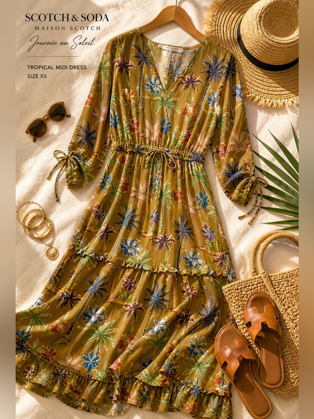 Scotch & Soda Maison Scotch Tropical Midi Dress XS | Resort Palm Print Boho
